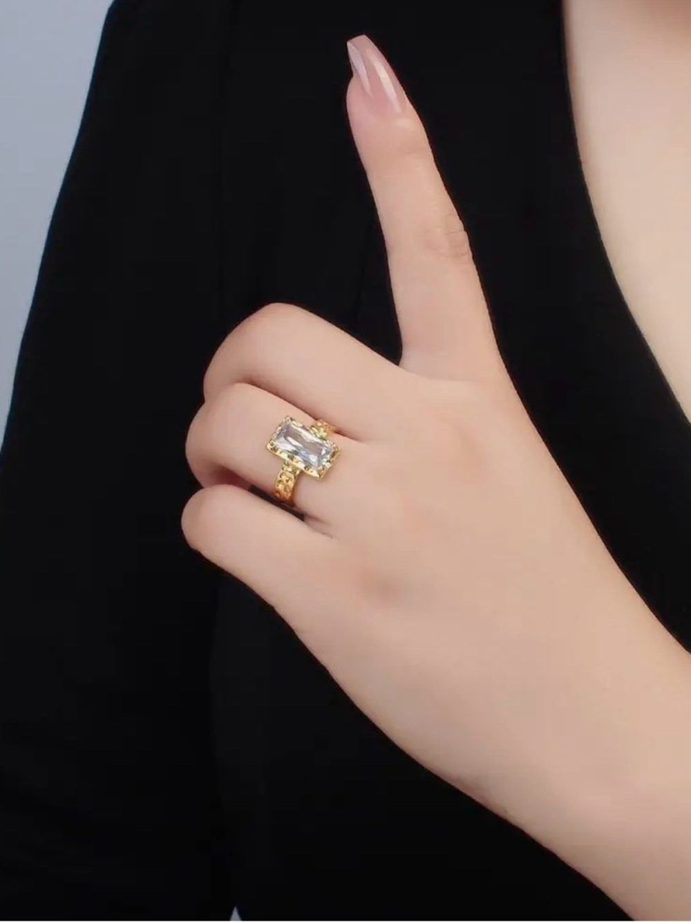 24K Gold Filled Clear Cz Baguette
Hammered Wrap Band Ring - Picture 2 of 5